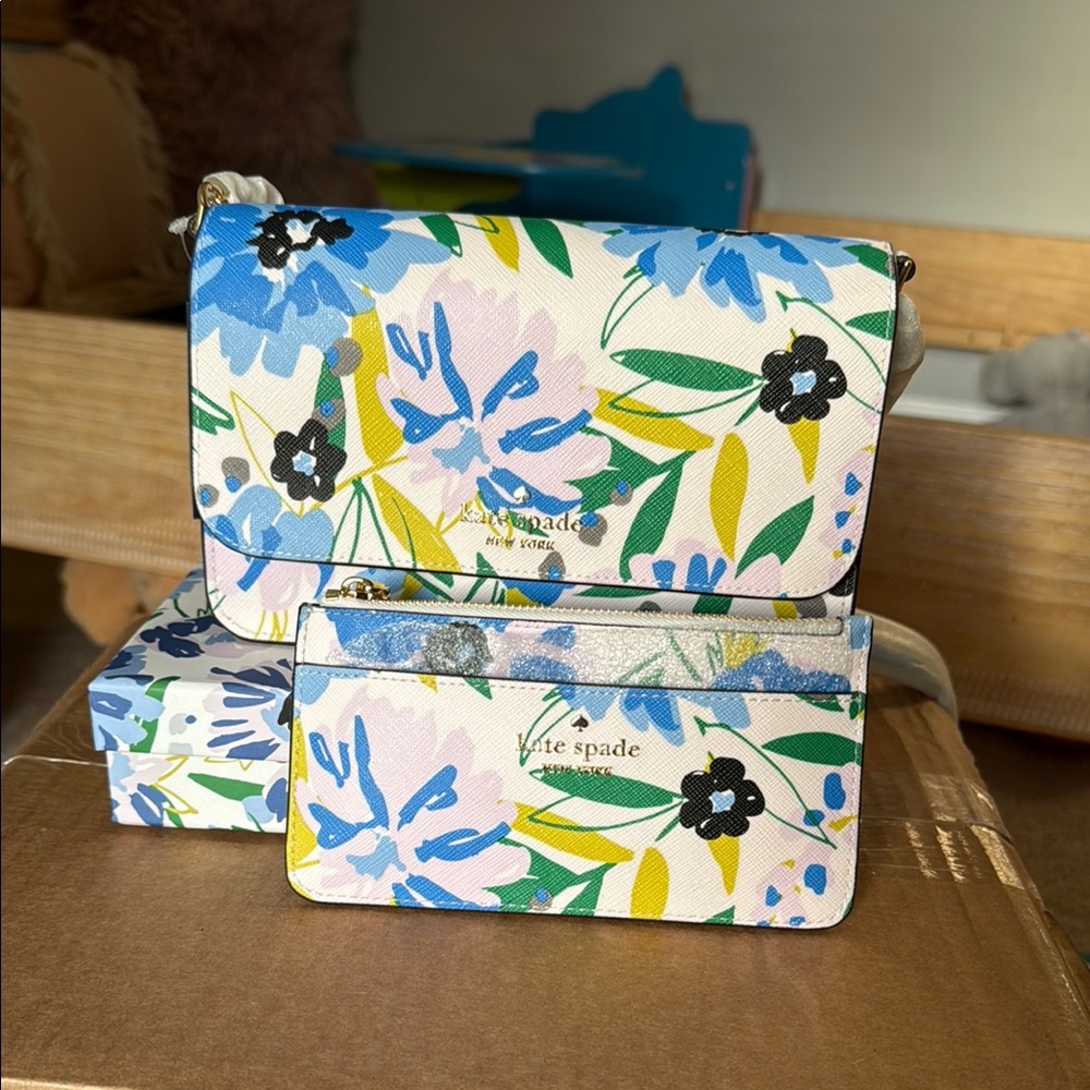 Kate Spade Blue and Yellow Floral Crossbody Bag and Large Slim Card Holder 🌸🌼💙